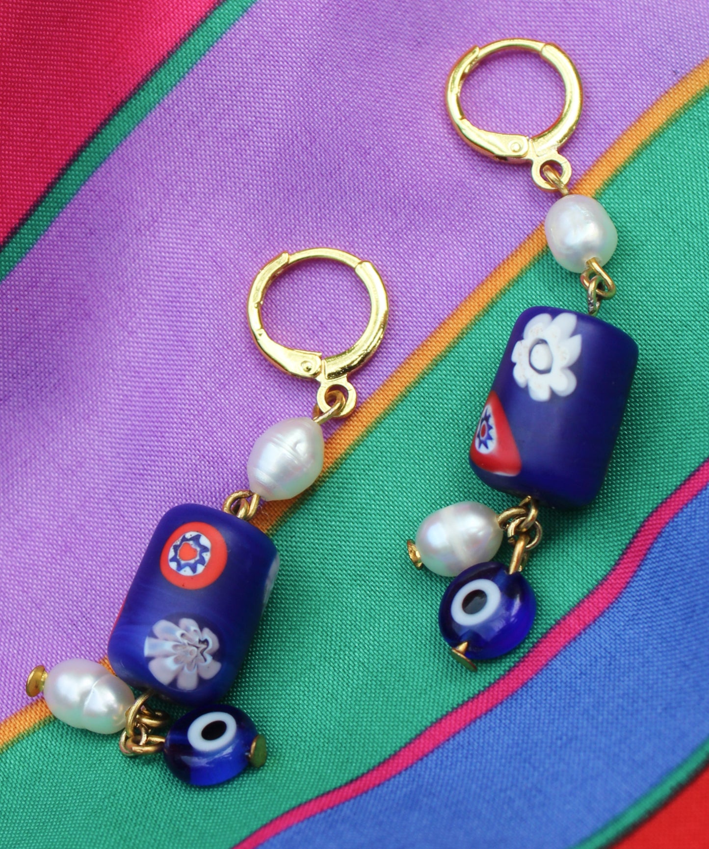Evil Eye Millefiori Pearl Earrings