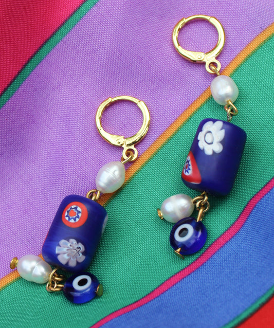 Evil Eye Millefiori Pearl Earrings