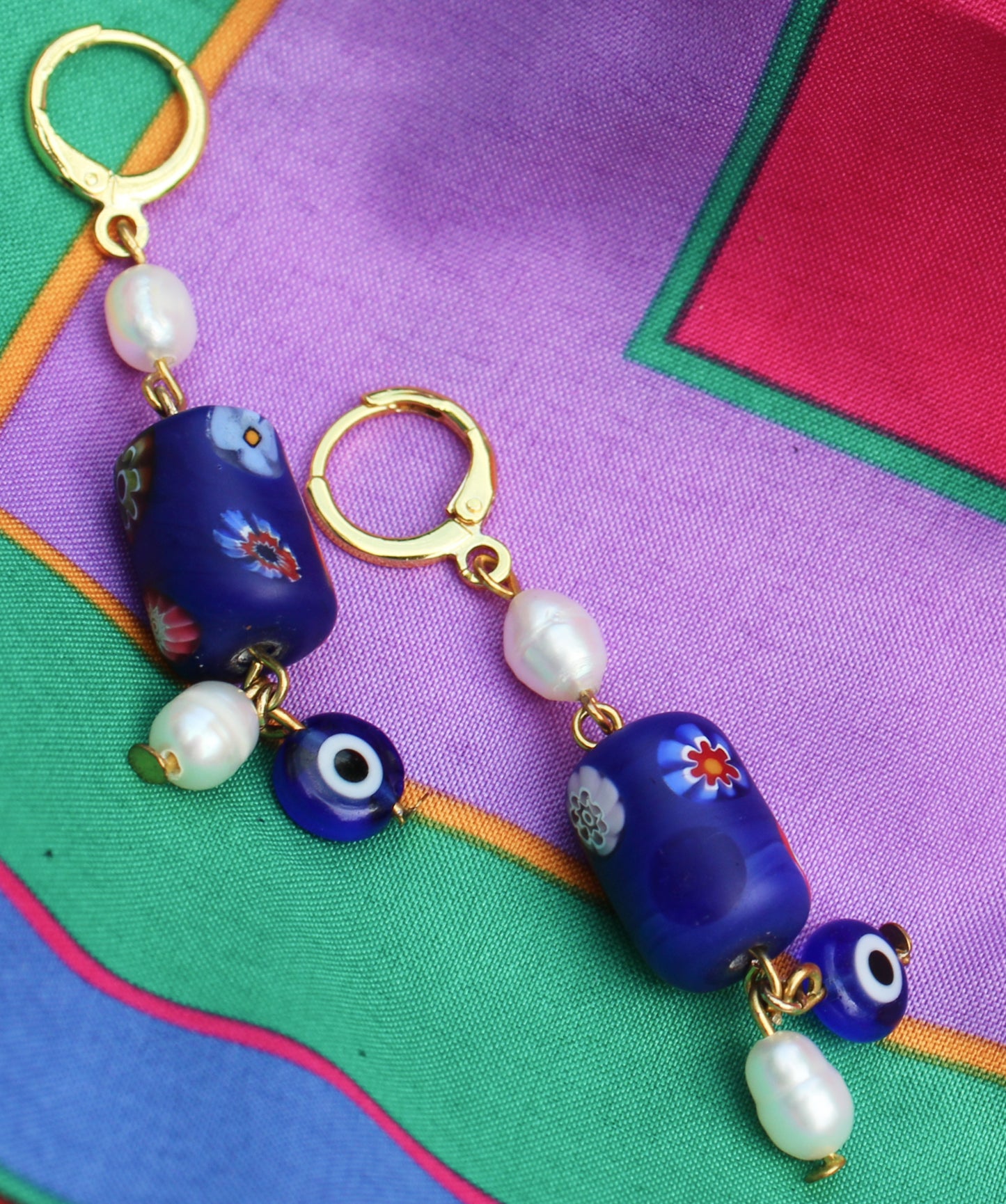 Evil Eye Millefiori Pearl Earrings
