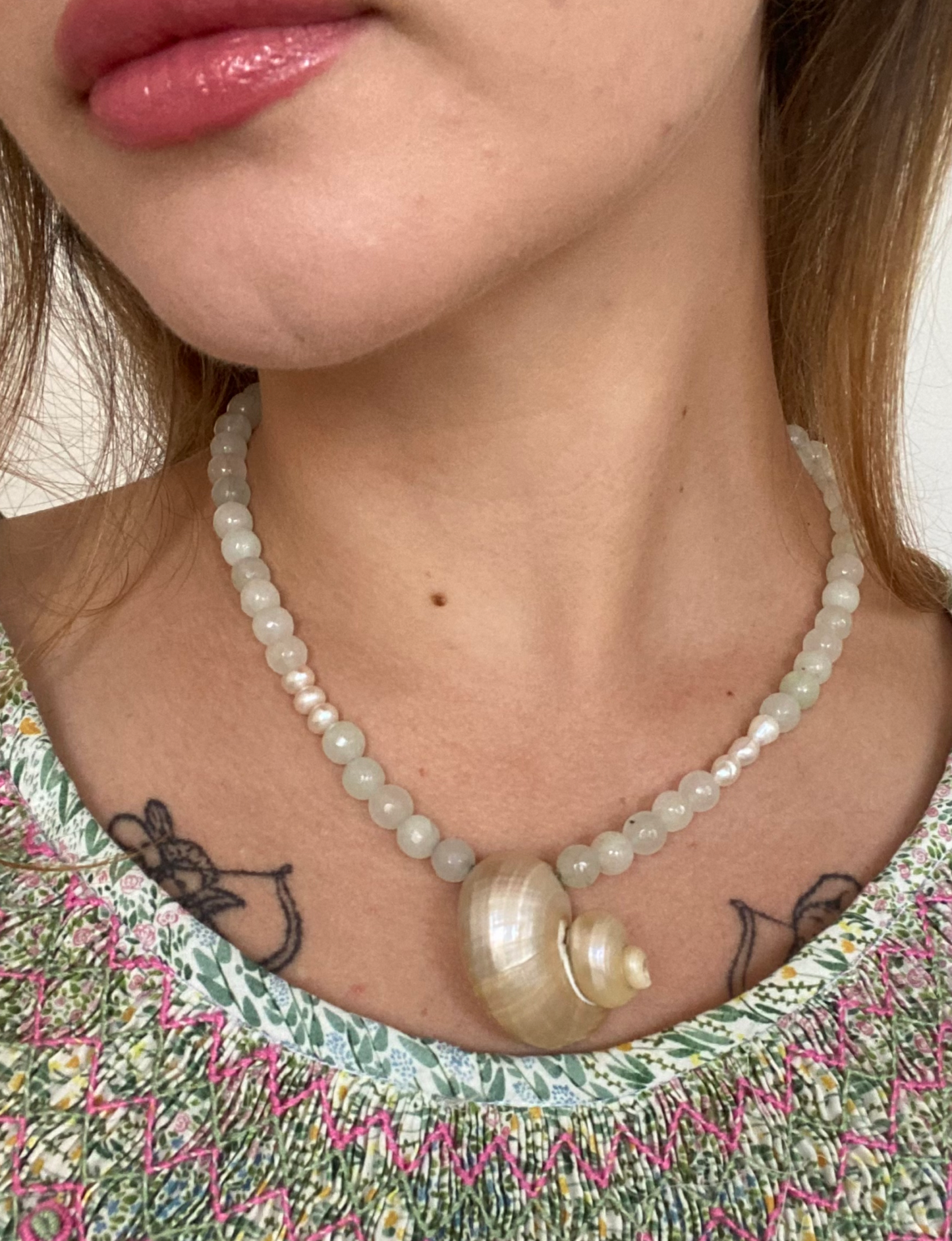 Jade and Pearl Conch Necklace